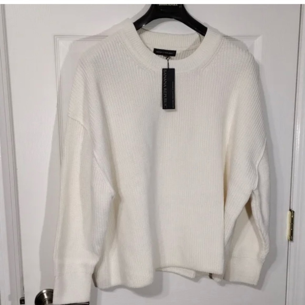 Women's Ivory Cream Oversized Organic Cotton Crew Neck Ribbed Sweater NEW